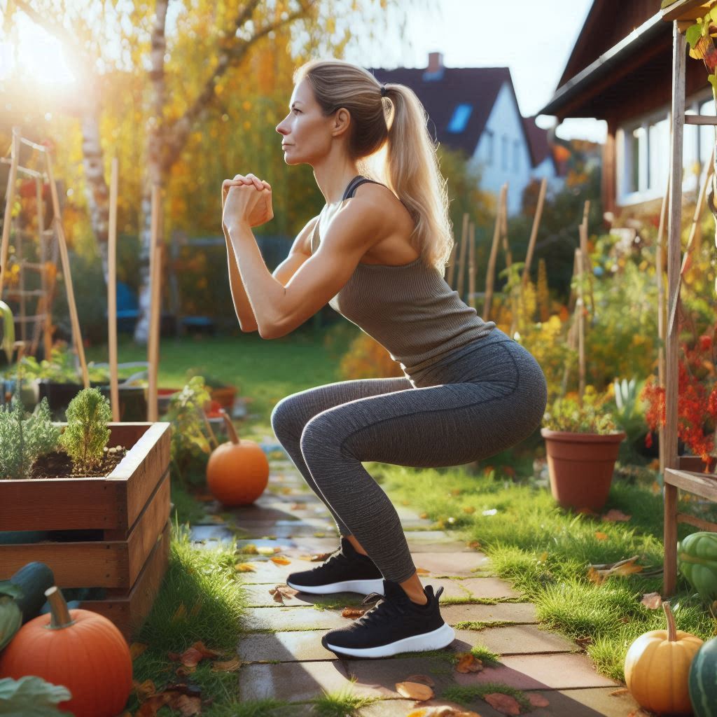 ILUSTRASI gerakan squat di pekarangan rumah.