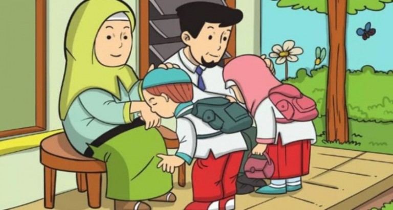 Ilustrasi. Anak-anak mencium tangan orangtua sebelum pamit ke sekolah memiliki nilai luhur, dan doa restu.