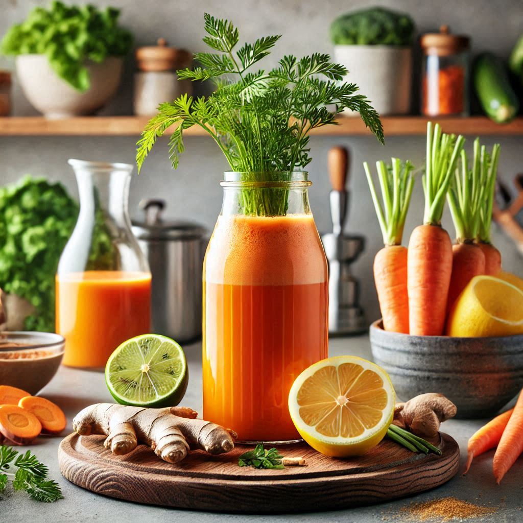 ILUSTRASI jus campuran wortel, lemon, dan jahe sebagai minuman kesehatan alami.