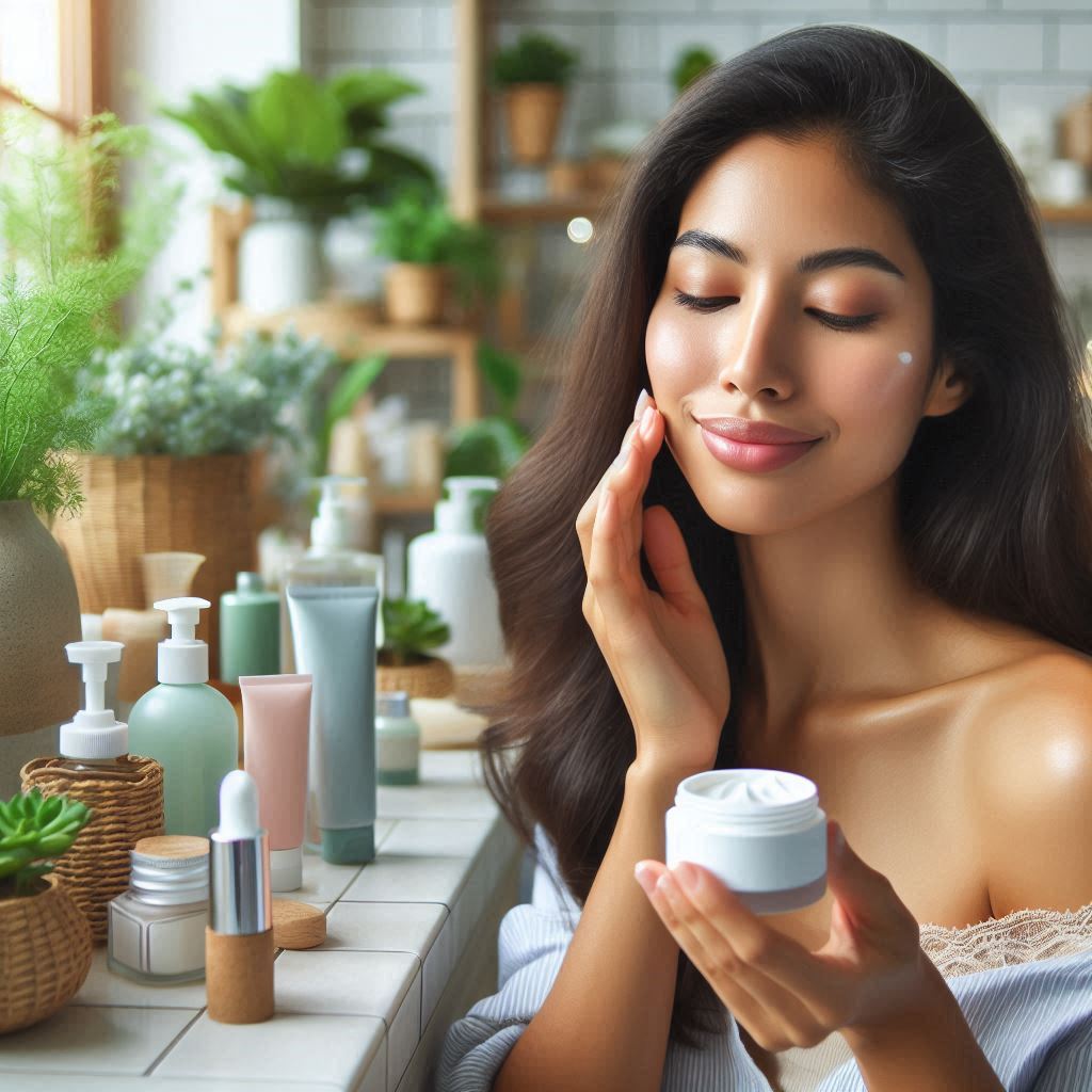 ILUSTRASI. Perempuan memakai skin care untuk mengatasi jerawat akibat perubahan hormon.