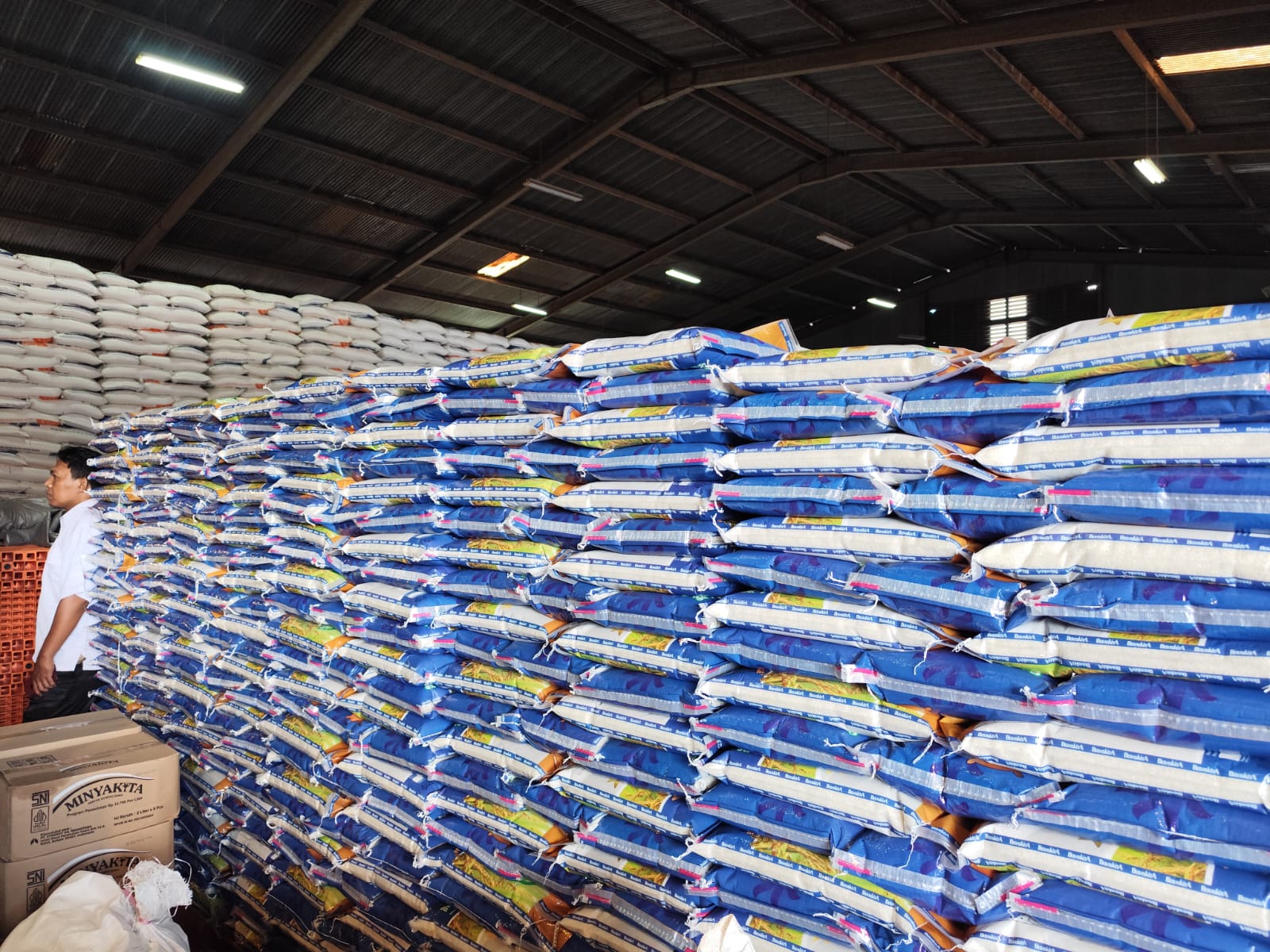 Stok beras premium dan medium di Gudang Bulog Tanjungpinang, Jumat (21/3).