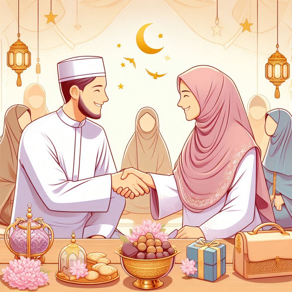 ILUSTRASI Lebaran. Salaman sambil mengucapkan Minal Aidin Wal Faizin