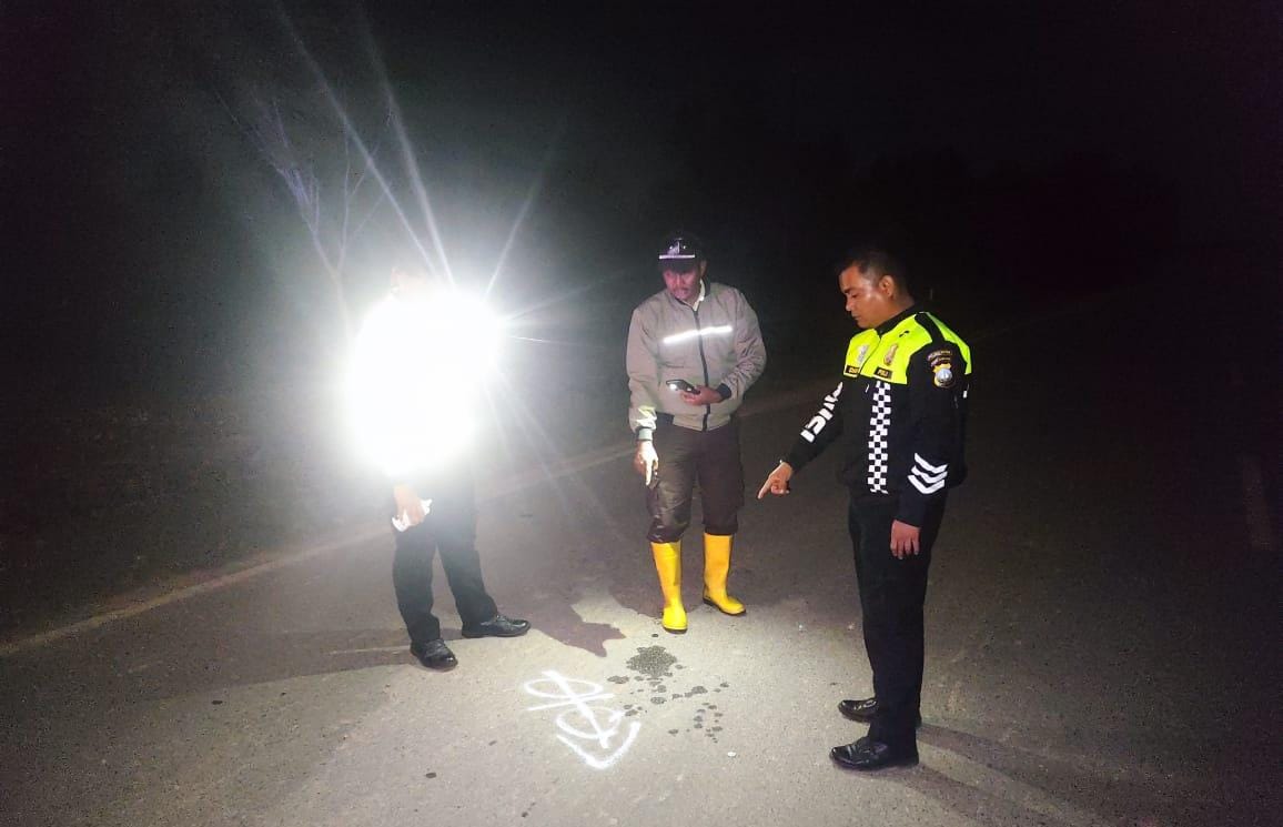 Polisi melakukan olah tempat kejadian kecelakaan lalu lintas di jalan raya Galang Batang di Desa Gunung Kijang Kecamatan Gunung Kijang, Bintan, Senin (14/4/2024) sekitar pukul 23.00 WIB.