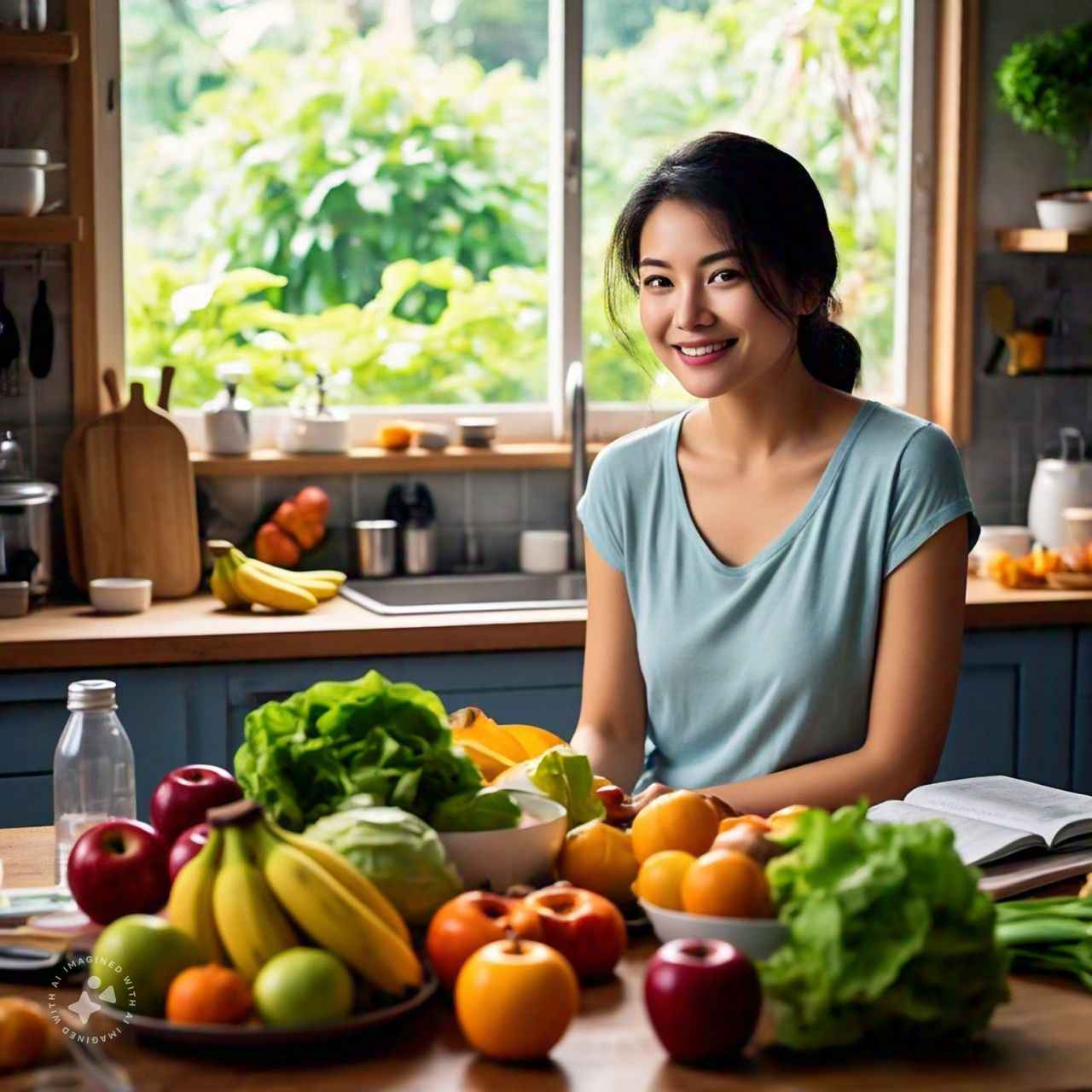 ILUSTRASI Wanita dengan makanan sehat seperti sayuran dan buah.