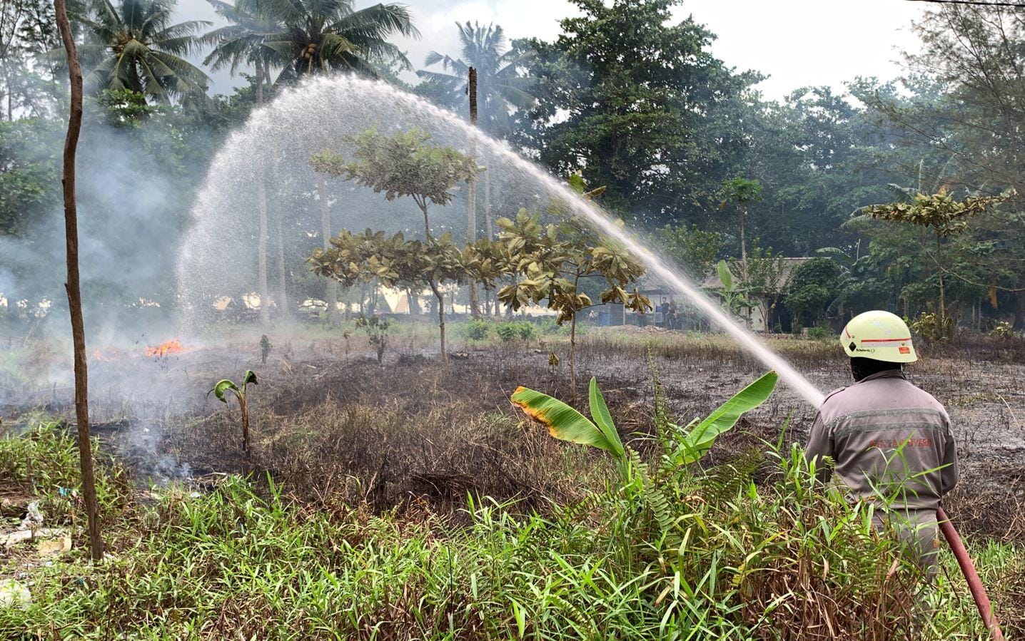 Pemadam berusaha memadamkan api di lahan semak belukar yang terbakar di Jalan Manggar, Kampung Bugis, Kelurahan Tanjunguban Utara, Kecamatan Bintan Utara, terbakar, Kamis (3/7/2025) sore.