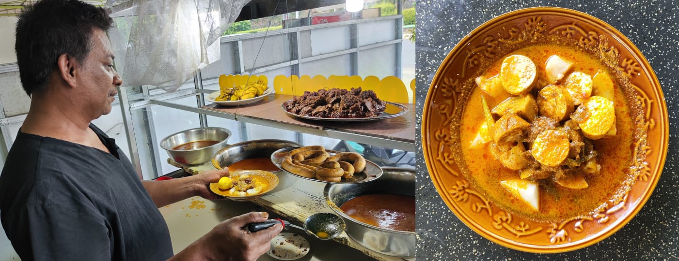 Rizal tengah menyiapkan lontong usus pesanan pelanggan di warung lontong usus Jalan Basuki Rahmat Tanjungpinang.