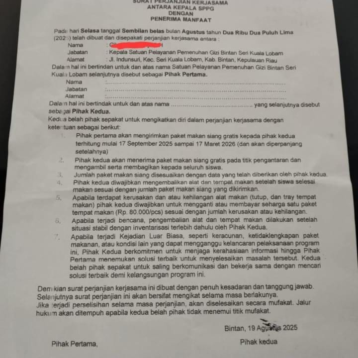 Surat perjanjian kerja sama MBG antara SPPG dan penerima manfaat beredar di media sosial.