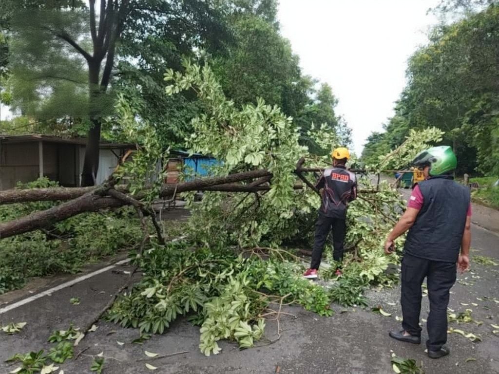 Petugas BPBD saat mengevakuasi pohon tumbang di Jalan Ganet usai cuaca ekstrem mereda pada Sabtu (25/10) pagi.