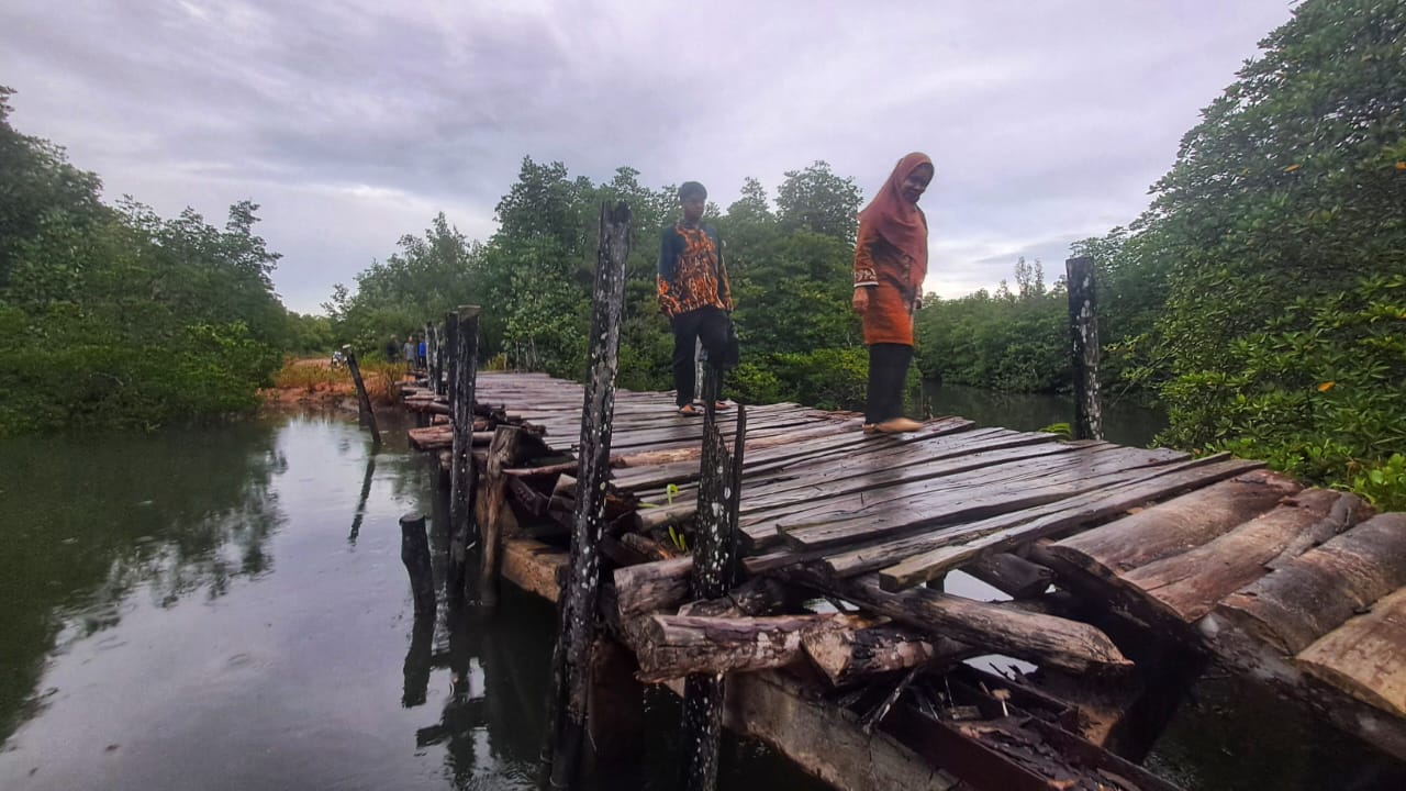 Camat Seri Kuala Lobam, Nona Yani M Abas Manupassa meninjau jembatan yang rusak di Desa Kuala Sempang, Kecamatan Seri Kuala Lobam, Kamis (13/11) petang.