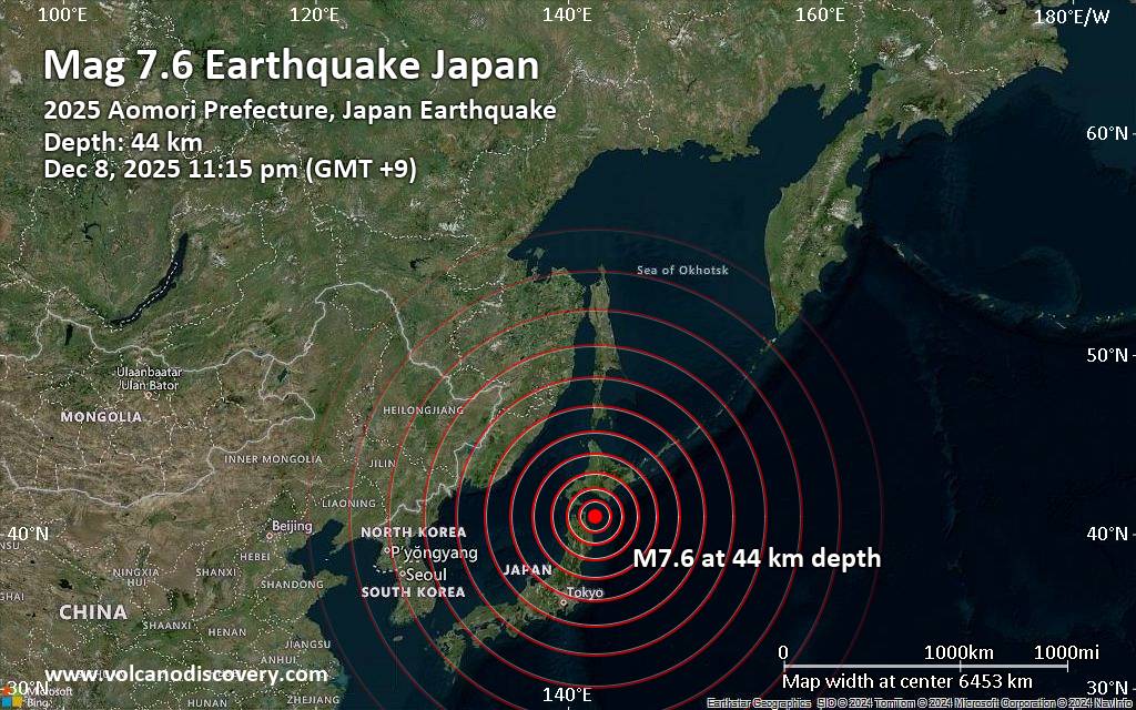 Gempa 7,6 mengguncang Aomori, 327 km di utara Sendai, Miyagi, Jepang, pada 8 Desember 2025 pukul 23.15 waktu setempat (GMT+9).