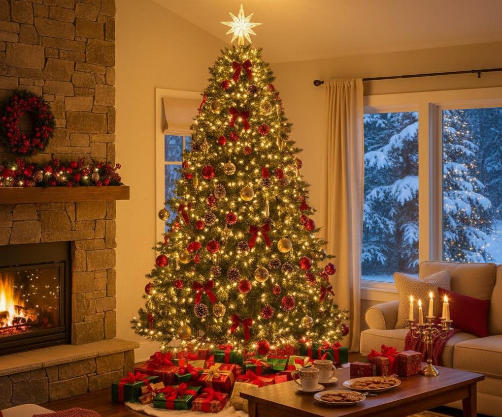 ILUSTRASI pohon natal di ruang keluarga.