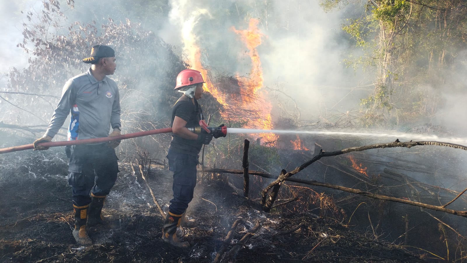 Petugas Damkar unit Dabo Singkep bersama BPBD, personel Polres Lingga dan masyarakat saat memadamkan api yang membakar hutan, Kamis (26/12). F. Istimewa