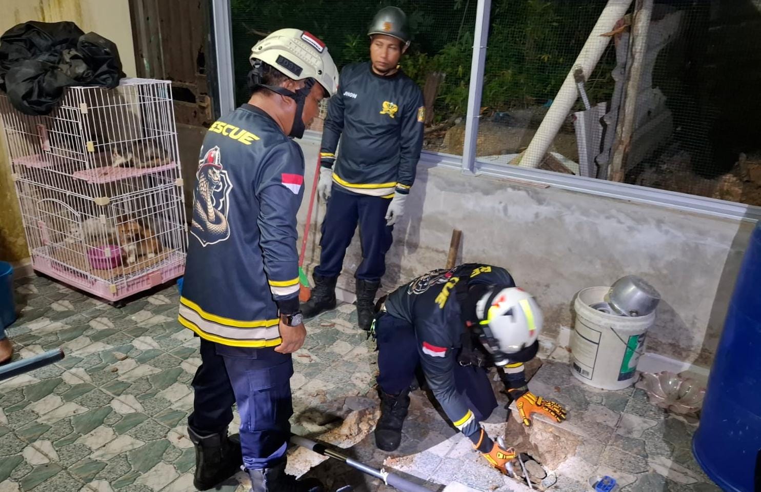 PETUGAS Damkar menyelamatkan kucing yang terperangkap di dalam septic tank di Jalan Eka Bhakti, Gang Palem, Tanjunguban, Rabu (14/1/2026) malam. F.Damkar Tanjunguban untuk Batam Pos.