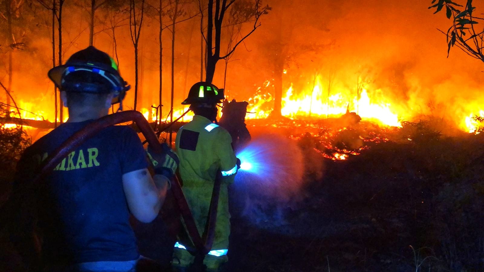 PETUGAS Damkar Tanjunguban berusaha memadamkan api yang membakar lahan di jalan Sekera, Tanjunguban, pada Senin (19/1/2026) malam. F.Damkar Tanjunguban untuk Batam Pos