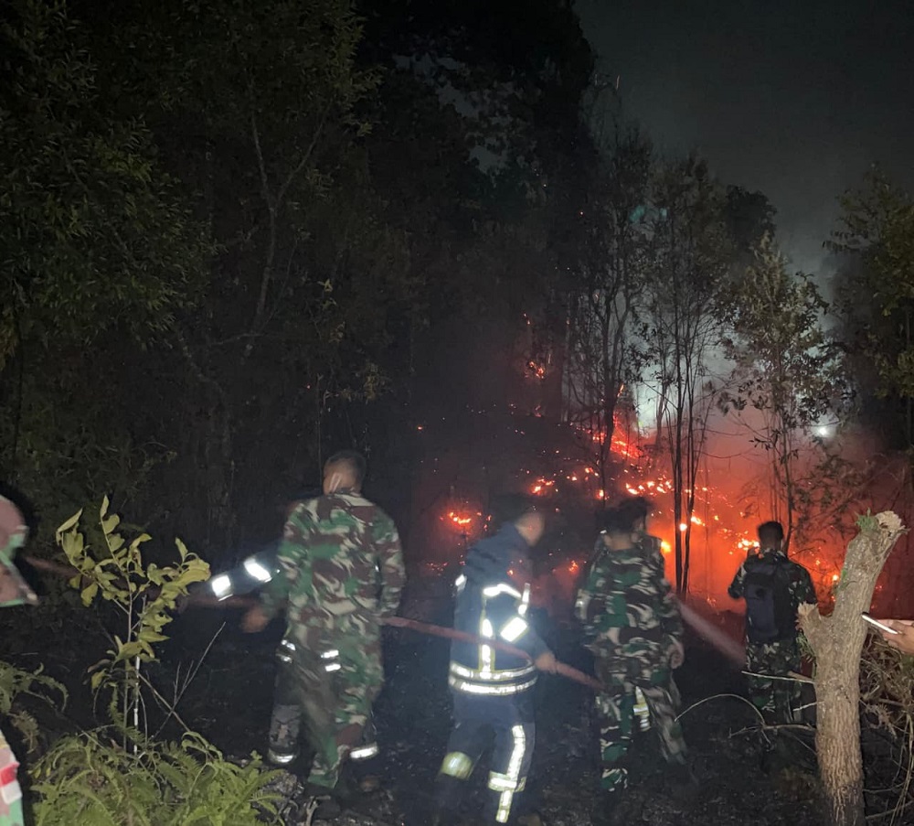 Personel Lanud Hang Nadim berjibaku memadamkan api yang membakar lahan dekat kawasan Bandara Internasional Hang Nadim, Batam, Kamis (22/1) malam. F. Istimewa