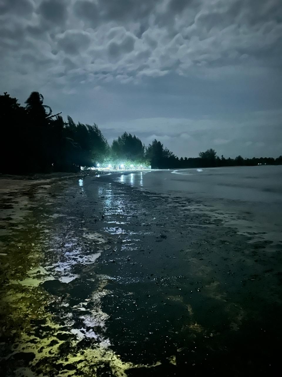 PANTAI Mutiara Beach Resort di Telokdalam, Desa Malang Rapat, Kecamatan Gunung Kijang, Bintan, tercemar limbah minyak hitam, Rabu (28/1/2026) malam. F.Marc Thalmann untuk Batam Pos.