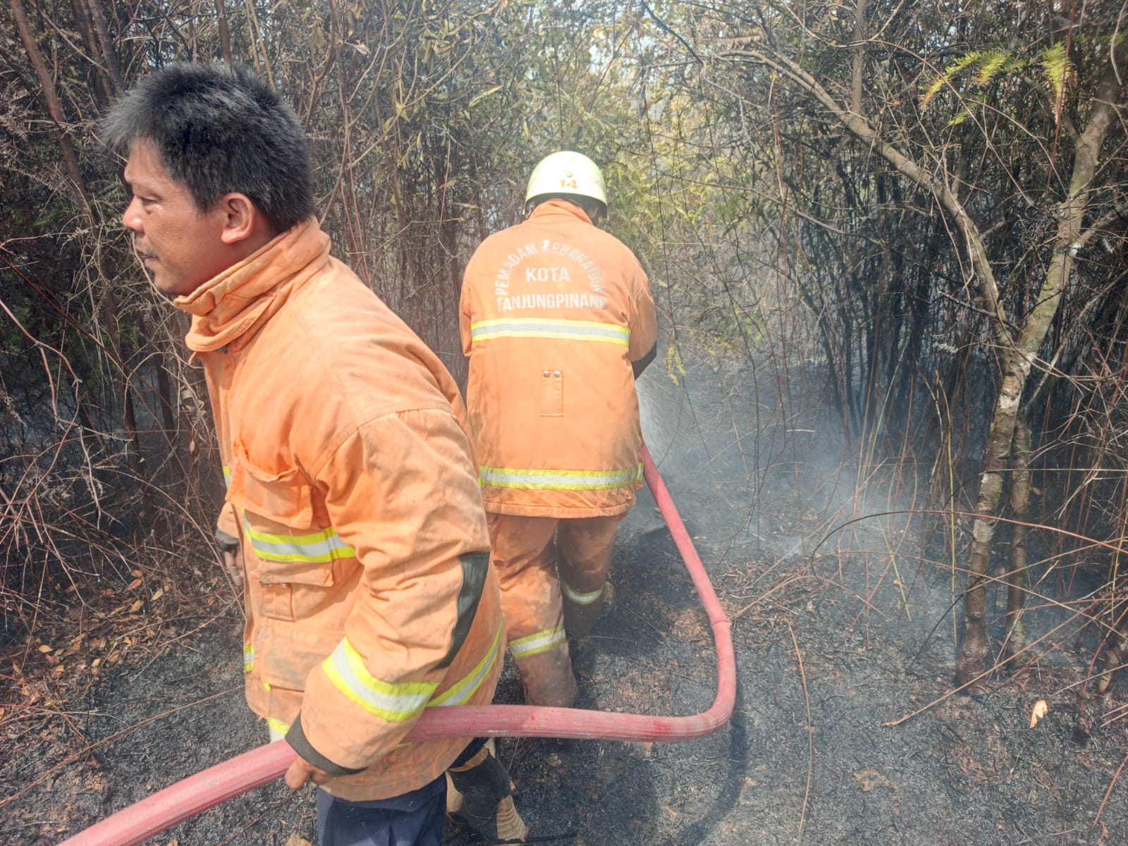 PETUGAS DPKP Tanjungpinang saat memadamkan api yang membakar lahan di kawasan Kampung Madong Tanjungpinang. F. Mohamad Ismail/Batam Pos