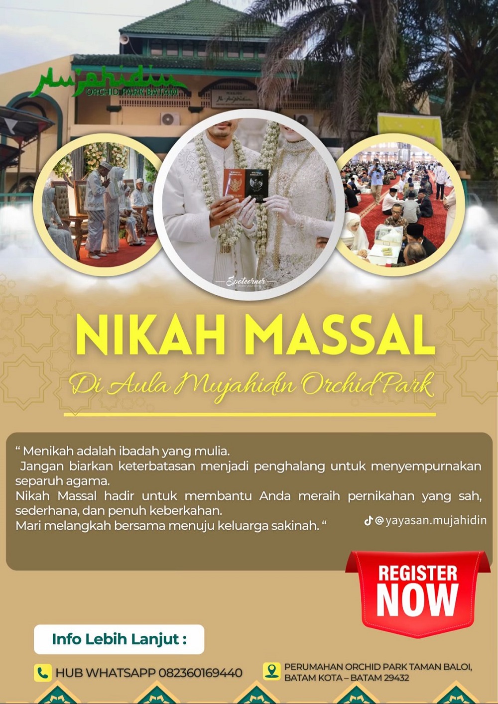 Brosur digital yang menawarkan program nikah massal di Aula Mujahidin, kawasan Orchid Park, Batam Kota, memicu kegelisahan warga. F. Istimewa