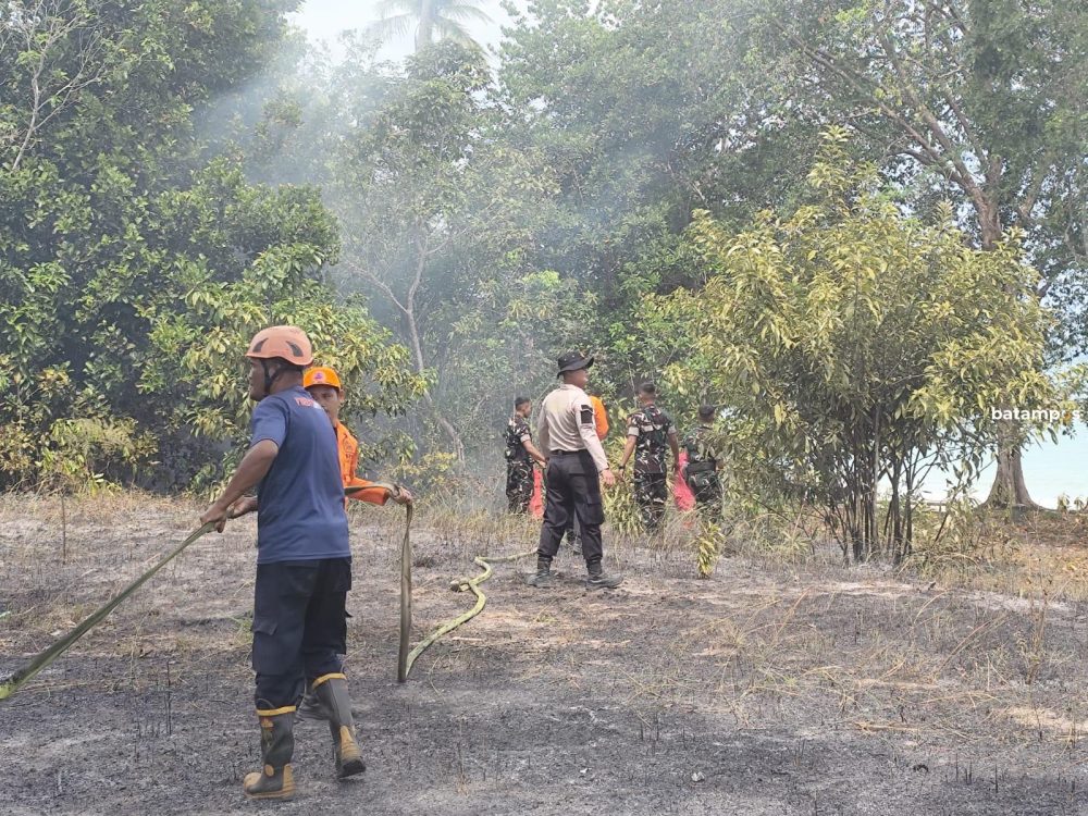 Petugas BPBD dan Damkar berjibaku memadamkan api di kawasan hutan Pantai Pasir Panjang, Desa Mepar, Kecamatan Lingga, Senin (9/2). F. Oktanius Wirsal untuk Batam Pos