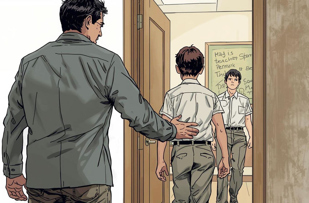 Ilustrasi guru dan siswa.