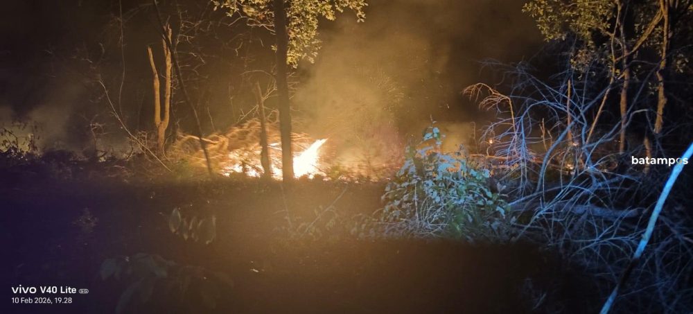 Petugas Damkar berjibaku memadamkan kebakaran hutan dan lahan hingga malam hari di wilayah Singkep Barat, Kabupaten Lingga, Selasa (10/2). F. Damkar Lingga untuk Batam Pos.