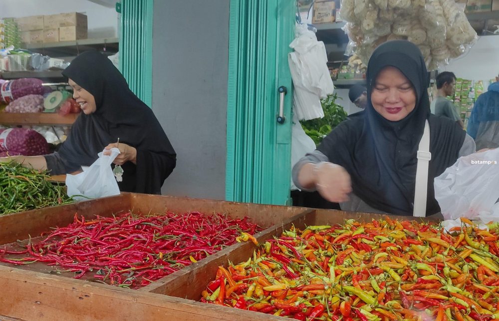 Dua ibu rumah tangga sedang memilih cabai di kios sayuran di kawasan Mega Legenda beberapa waktu lalu. F Cecep Mulyana/Batam Pos
