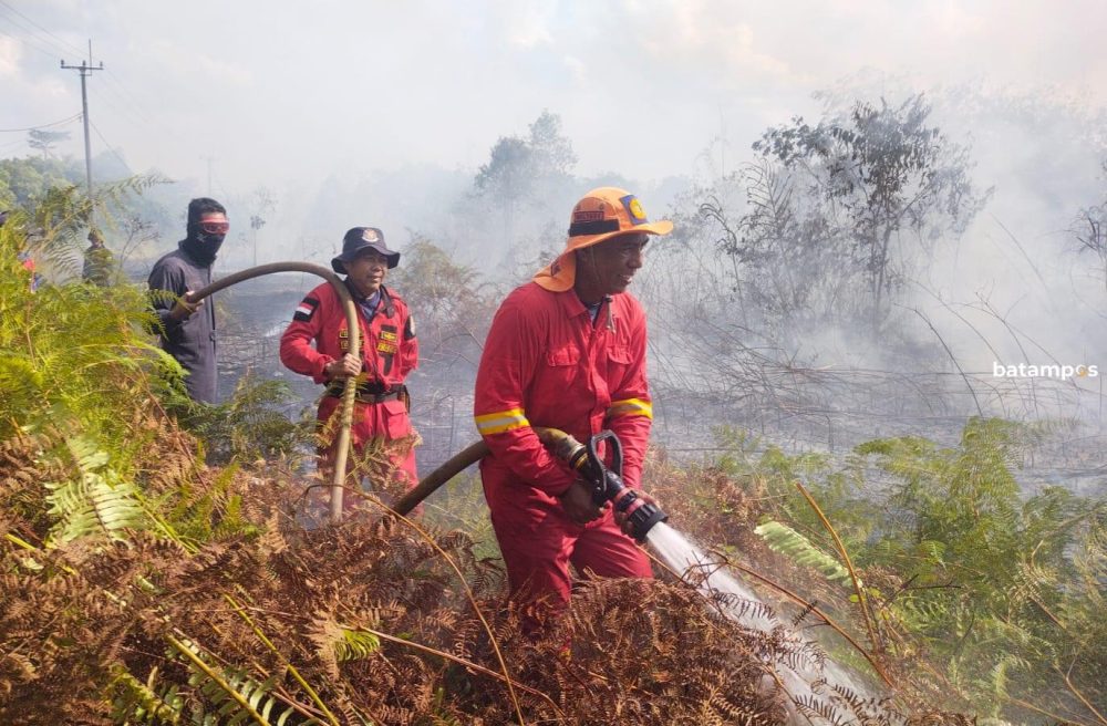 Petugas Damkar memadamkan api yang melahap kebun karet milik warga Desa Marok Kecil, Kecamatan Singkep Selatan, Kamis (12/2). F. Damkar Lingga untuk Batam Pos