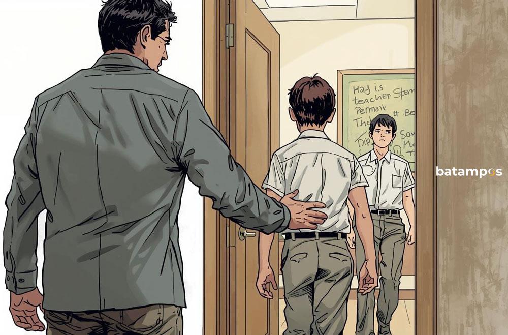 Ilustrasi guru dan siswa. Kasus dugaan pencabulan di salah satu sekolah kejuruan Batam mengguncang institusi pendidikan. Foto: Canva