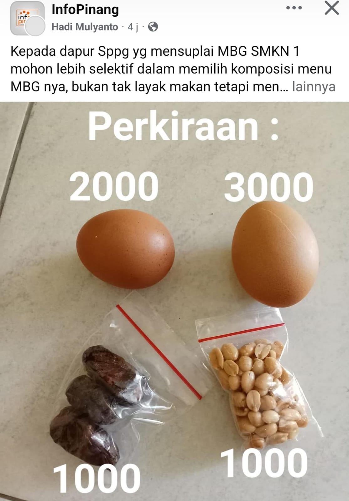 ILUSTRASI Postingan menu MBG yang viral di media sosial. F. Facebook Infopinang