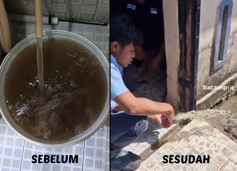 Keluhan pelanggan berhasil diatasi tim ABH. Nampak pada gambar air yang dikeluhkan dan setelah diberesi tim ABH. 