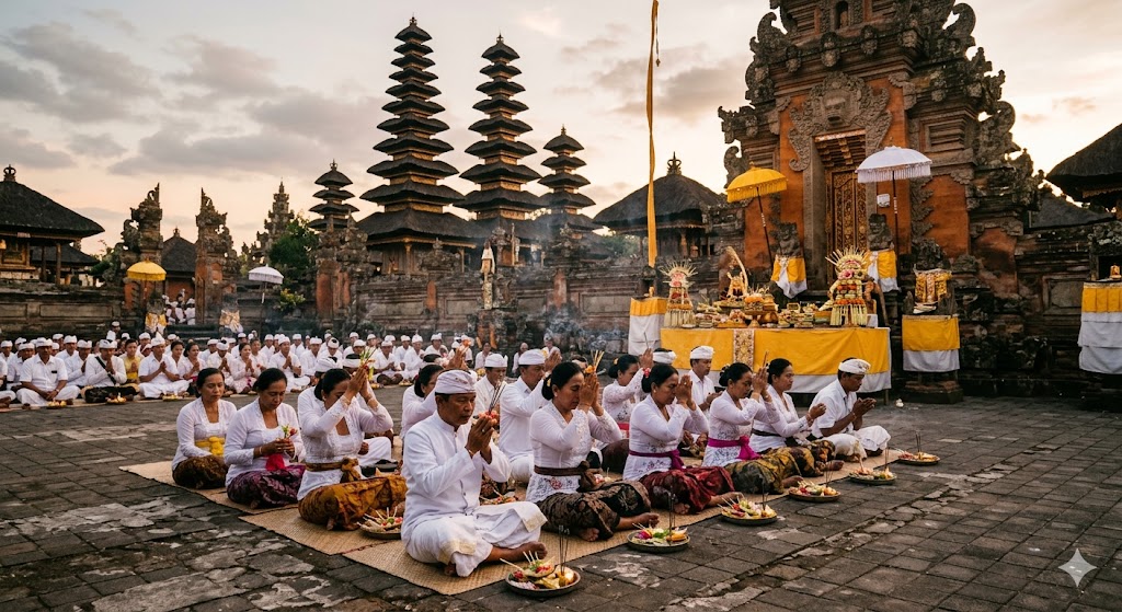 ILUSTRASI upacara menyambut Nyepi oleh umat Hindu di Bali. F Gemini - Google AI