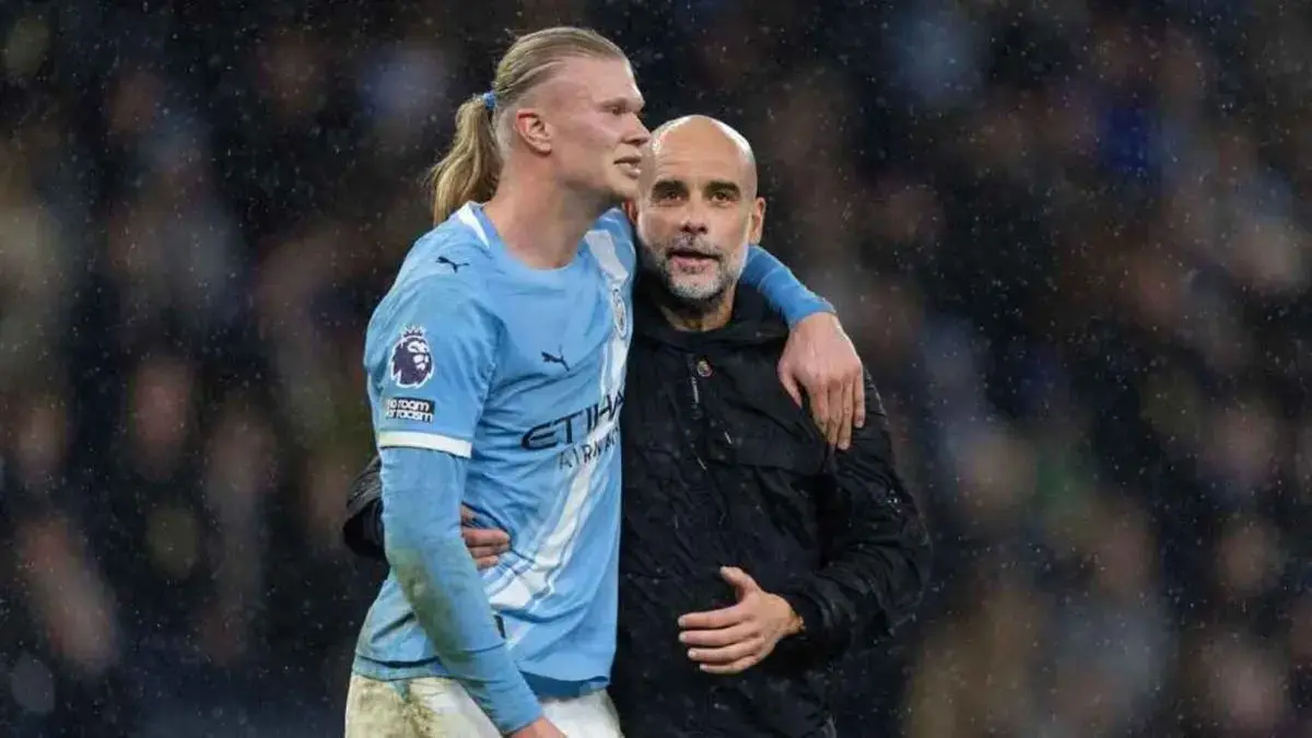 Pep Guardiola dan Erling Haaland. (Visionhaus)