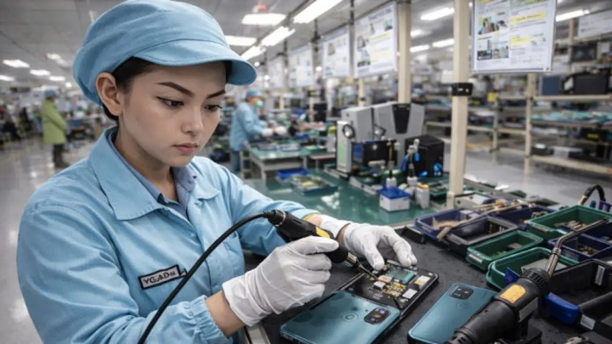 ILUSTRASI pekerja merakit ponsel. Apindo Batam menyebut pelaku industri mulai dihadapkan pada kenaikan biaya produksi di tengah ketidakpastian global. Foto: chatgpt
