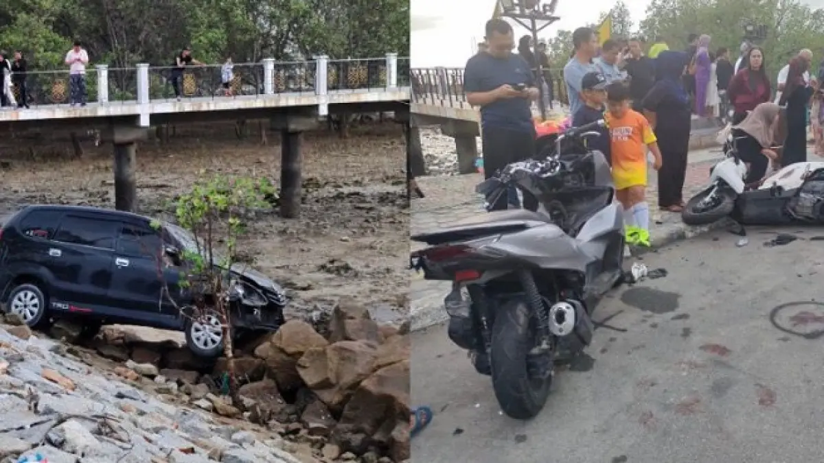 Mobil Toyota Avanza ke luar jalur usai menabrak belasan sepeda motor di Tugu MTQ , Jalan Coastal Area, Tanjungbalai Karimun, Minggu (19/4) sekitar pukul 06.00 . F. Sandi Pramosinto/Batam Pos
