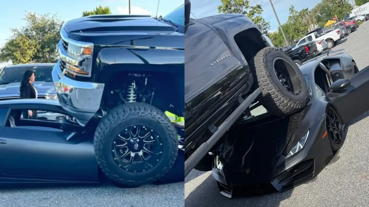 Insiden tabrakan mobil pick up dan lamborghini di Amerika Serikat. (x.com/malickdotun & x.com/AutoSpies)