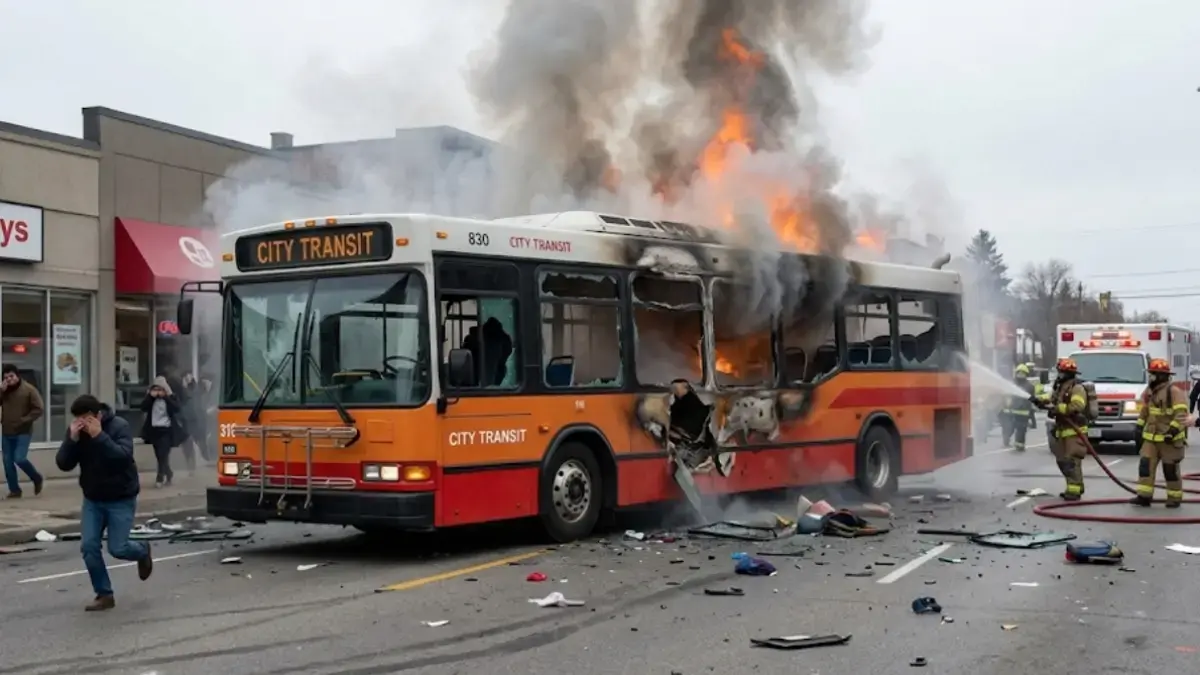 Ilustrasi bus yang meledak karena bom. (Freepik)