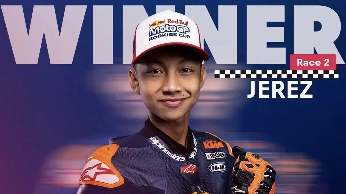 Kiandra Ramadhipa juara di Race 2 Red Bull MotoGP Rookies Cup 2026 di Sirkuit Jerez. (Red Bull Rokies)