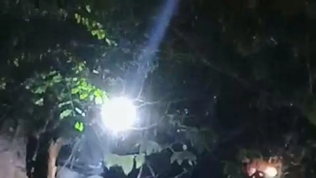 Petugas kepolisian melakukan evakuasi jenazah pria yang ditemukan tergantung di pohon di kawasan Jalan Yos Sudarso, Bengkong, Selasa (28/4). Foto tangkapan layar video warga