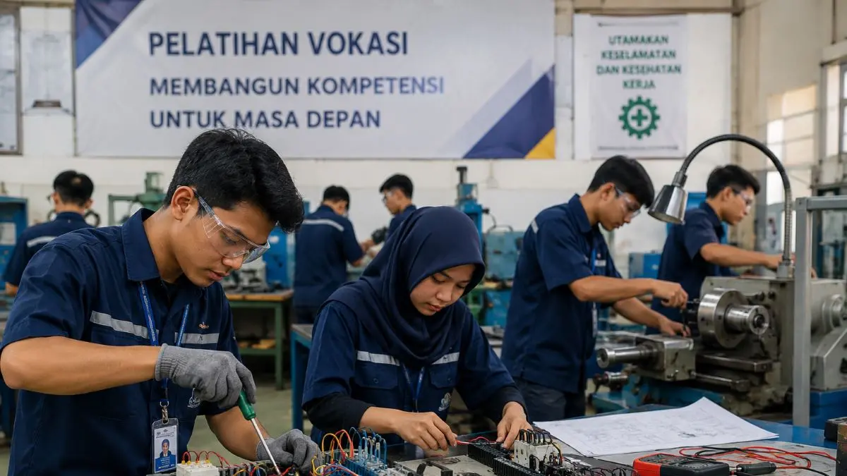 Pelatihan vokasi di ruang kerja teknikPelatihan vokasi di ruang kerja teknik. Foto Chatgpt image