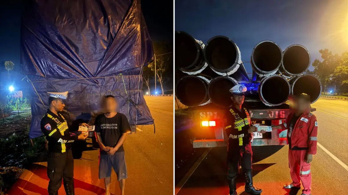 Petugas Satlantas Polresta Barelang melakukan patroli dan pemeriksaan terhadap kendaraan trailer di sejumlah ruas jalan Kota Batam, Senin (18/5) malam. Pengawasan dilakukan untuk menindak kendaraan berat yang tidak memenuhi standar keselamatan dan laik jalan guna menekan risiko kecelakaan lalu lintas. F. Humas Polresta untuk Batam Pos 