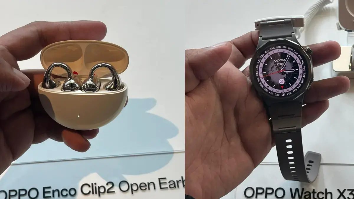 Oppo Enco Clip2 (kiri) dan Oppo Watch X3 (kanan). (Nanda Prayoga/JawaPos.com)
