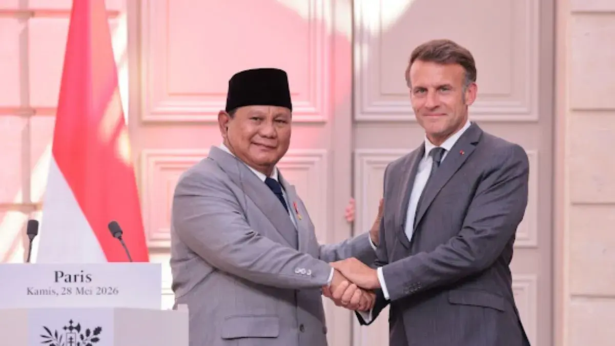 Presiden Republik Indonesia (kiri) Prabowo Subianto dan Presiden Republik Prancis (kanan) Emmanuel Macron dalam pernyataan bersama di Istana Elysee, Paris, Prancis, Kamis (28/5/2026). ANTARA/HO-BPMI Sekretariat Presiden