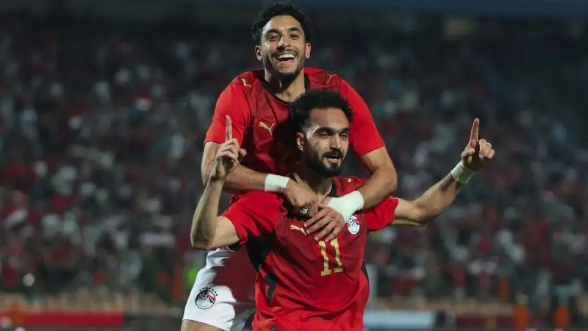 Selebrasi Mostafa Zico (kanan) setelah mencetak gol kemenangan untuk Mesir dalam pertandingan uji coba lawan Rusia di Stadion Internasional Kairo pada Kamis (28/5/2026). X.com/EgyptNT