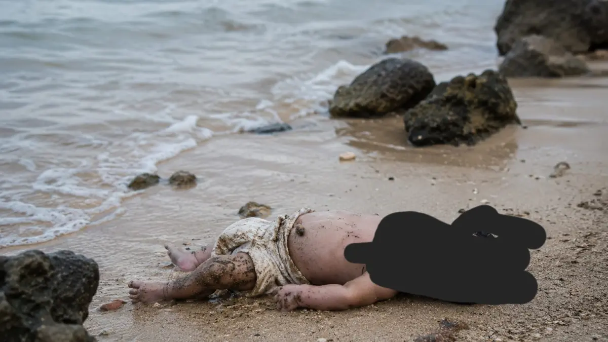 Ilustrasi jasad bayi di pantai. F chatgpt