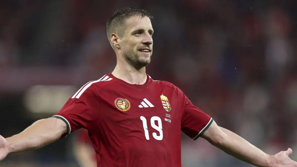 Penyerang Timnas Hungaria Barnabas Varga merayakan keberhasilannya mencetak gol ke gawang Timnas Finlandia pada pertandingan persahabatan di Stadion Puskas Arena, Budapest, Jumat (5/6) waktu setempat. (x.com/MLSZhivatalos)