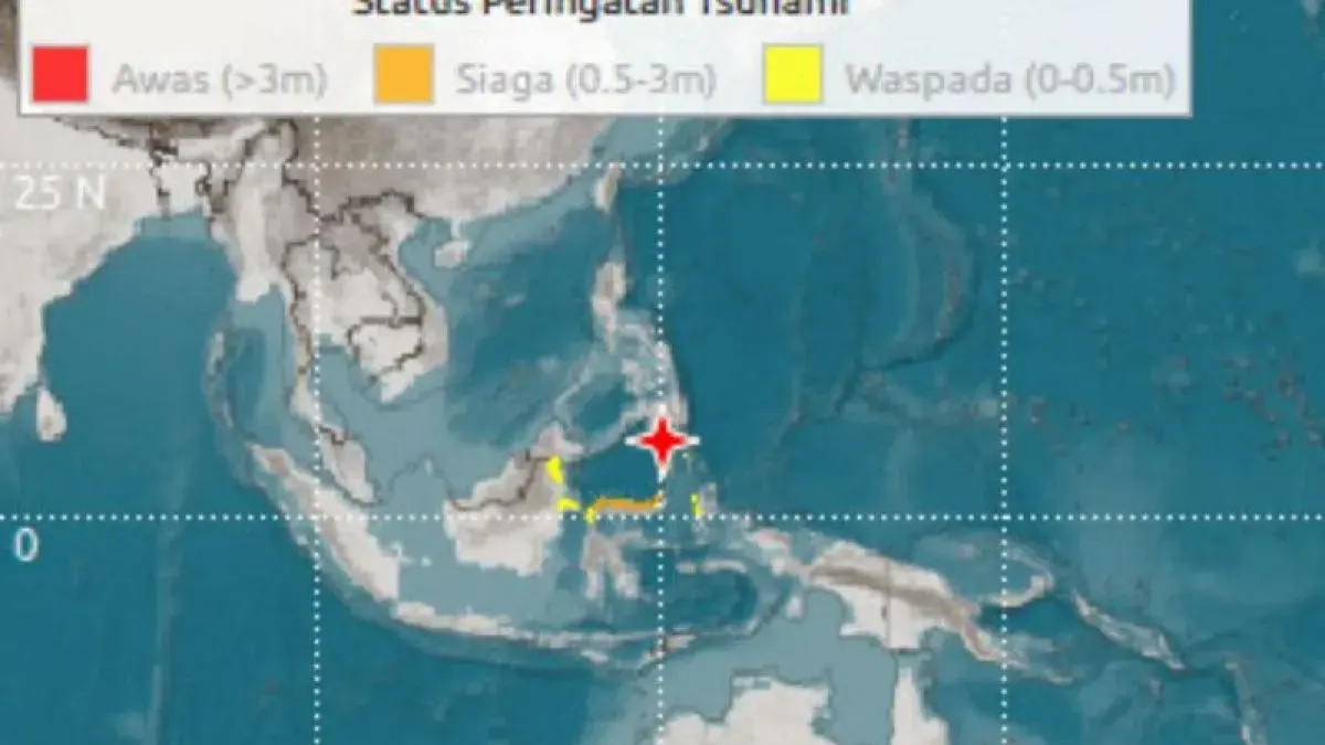 Ilustrasi - peta gempa bumi di Laut Sulawesi dengan kekuatan Magnitudo 7,7 berpotensi tsunami pada Senin, (8/6/2026). ANTARA/HO-BMKG