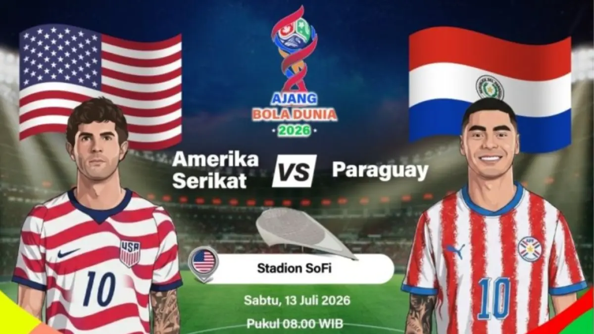 Grafik ilustrasi pertandingan penyisihan Grup D Piala Dunia 2026 antara Amerika Serikat melawan Paraguay yang dijadwalkan berlangsung di Stadion SoFi, Los Angeles, California, Amerika Serikat, Jumat (12/6/2026) waktu setempat. ANTARA INFOGRAFIK/Vintan Rahmadanti