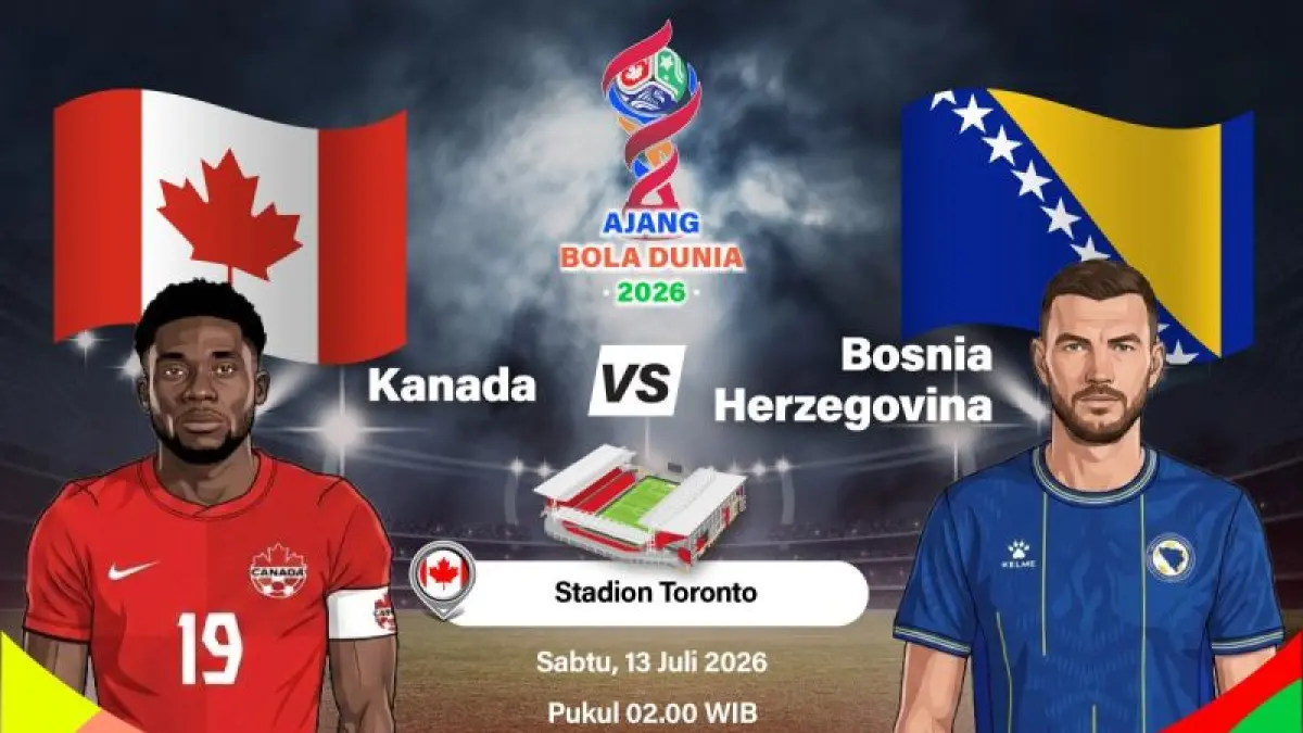 Grafik ilustrasi pertandingan penyisihan Grup B Piala Dunia 2026 antara Kanada melawan Bosnia-Herzegovina yang dijadwalkan berlangsung di Stadion BMO Field, Toronto, Kanada, Jumat (12/6/2026) waktu setempat. ANTARA INFOGRAFIK/Vintan Rahmadanti