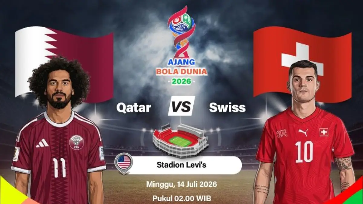 Grafik ilustrasi pertandingan penyisihan Grup B Piala Dunia 2026 antara Qatar melawan Swiss yang dijadwalkan berlangsung di Stadion Levi