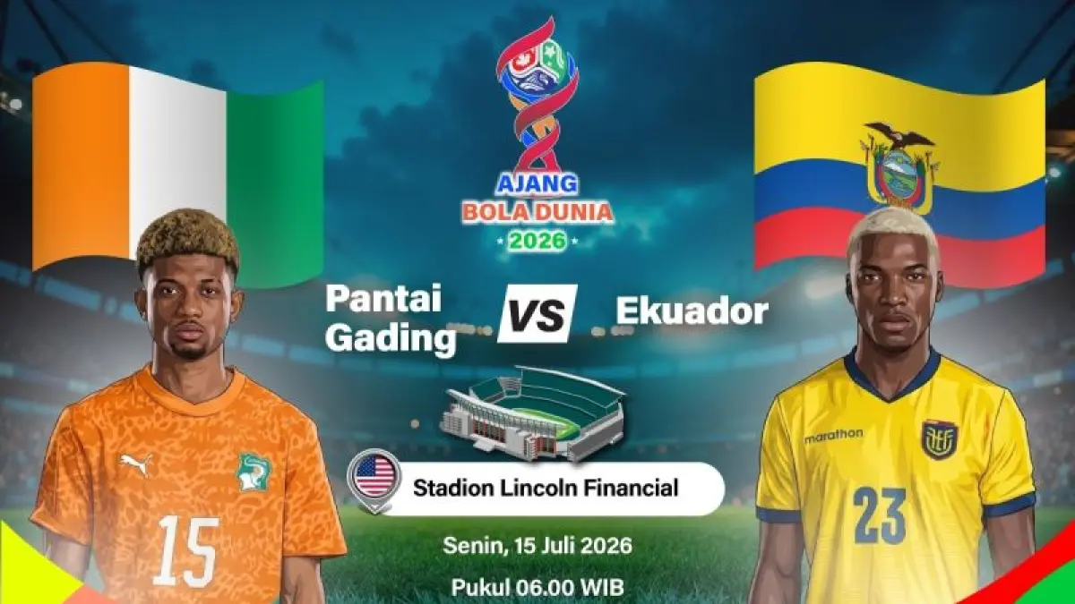Grafik ilustrasi pertandingan penyisihan Grup E Piala Dunia 2026 antara Pantai Gading melawan Ekuador yang dijadwalkan berlangsung di Stadion Lincoln Financial, Philadelphia, Pennsylvania, Amerika Serikat, Minggu (14/6/2026) waktu setempat. ANTARA INFOGRAFIK/Vintan Rahmadanti